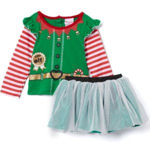 Nannette Little Girls 2 Piece Top Elf Skirt shirt set sz 4T Christmas Photos fun